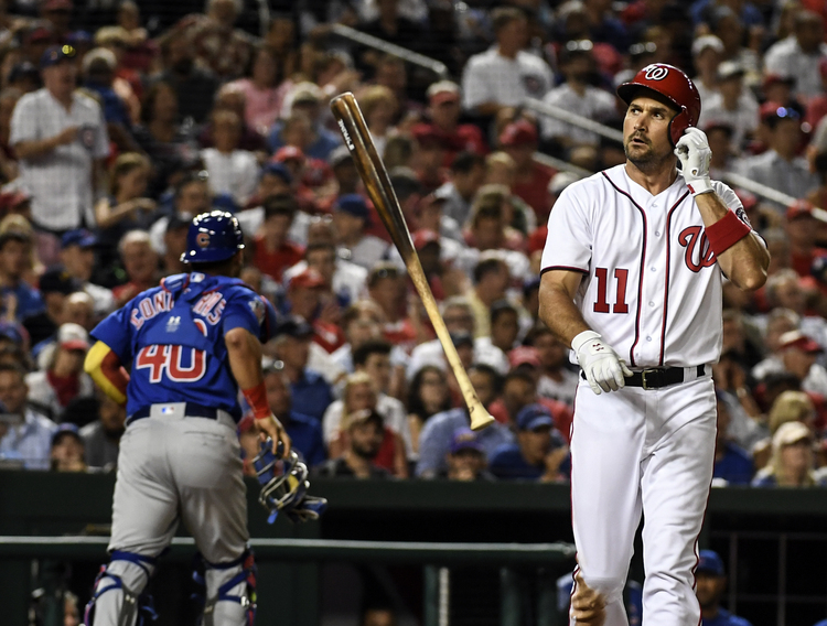 Ryan Zimmerman tosses his bat after striking out. (Toni L. Sandys/The Washington Post)</p>  