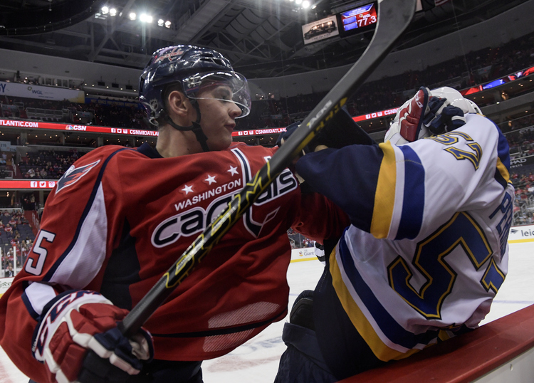 Washington Capitals left wing Andre Burakovsky (65) pushes away a St. Louis Blues player during a game last year. (Toni L. Sandys/The Washington Post)</p>