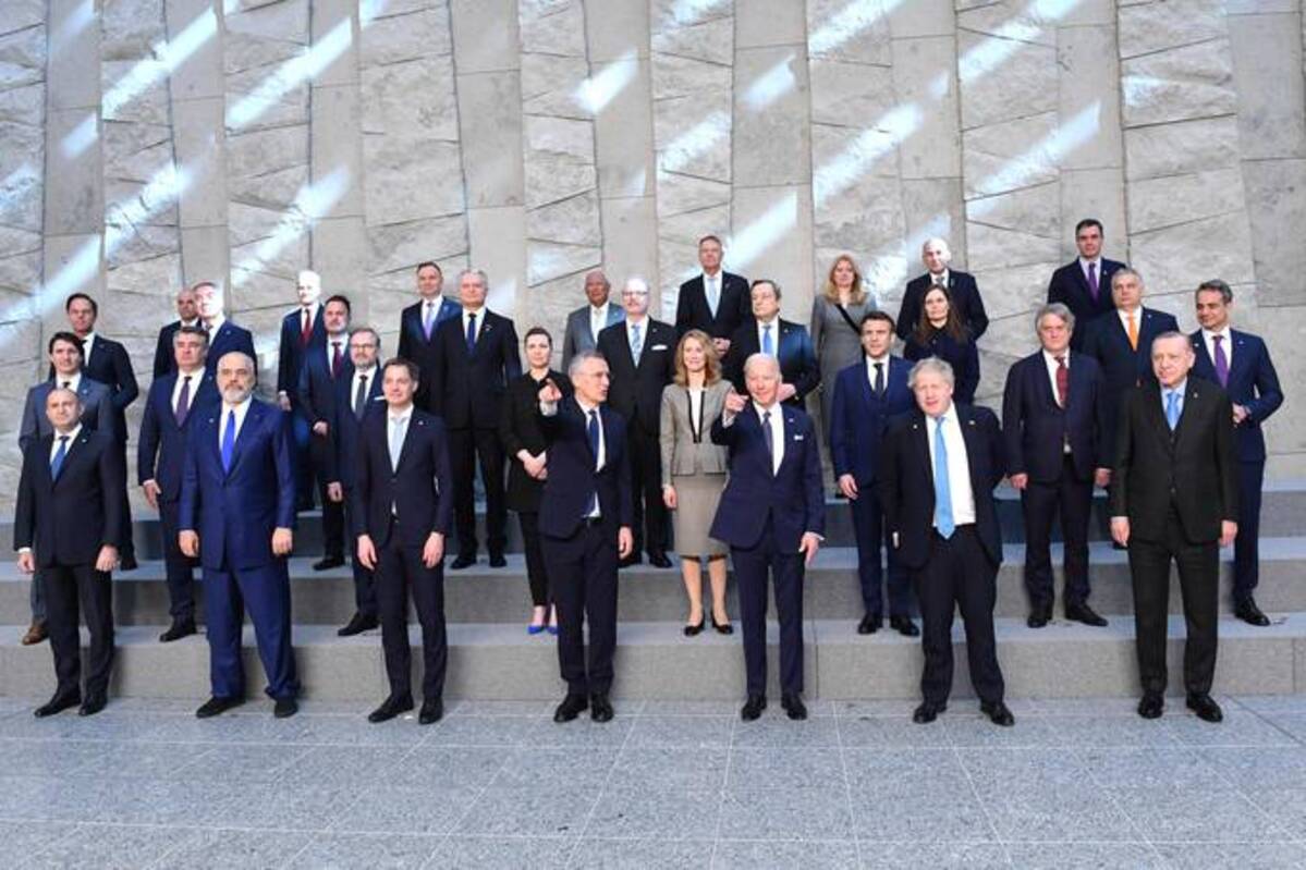 Belgium's Prime Minister Alexander De Croo, NATO Secretary General Jens Stoltenberg, U.S. President Biden, Britain's Prime Minister Boris Johnson and Turkey's President Recep Tayyip Erdogan pose with the leaders of the US-led military alliance as they pose for a family photo at NATO Headquarters in Brussels on Thursday. (John Thys/AFP via Getty Images)