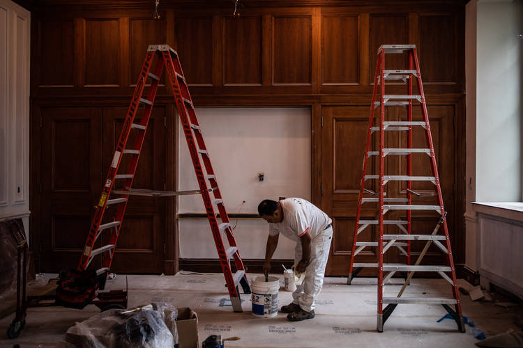A team was at work last week inside one of the rooms that is being renovated at the Chamber headquarters. (Salwan Georges/The Washington Post)  