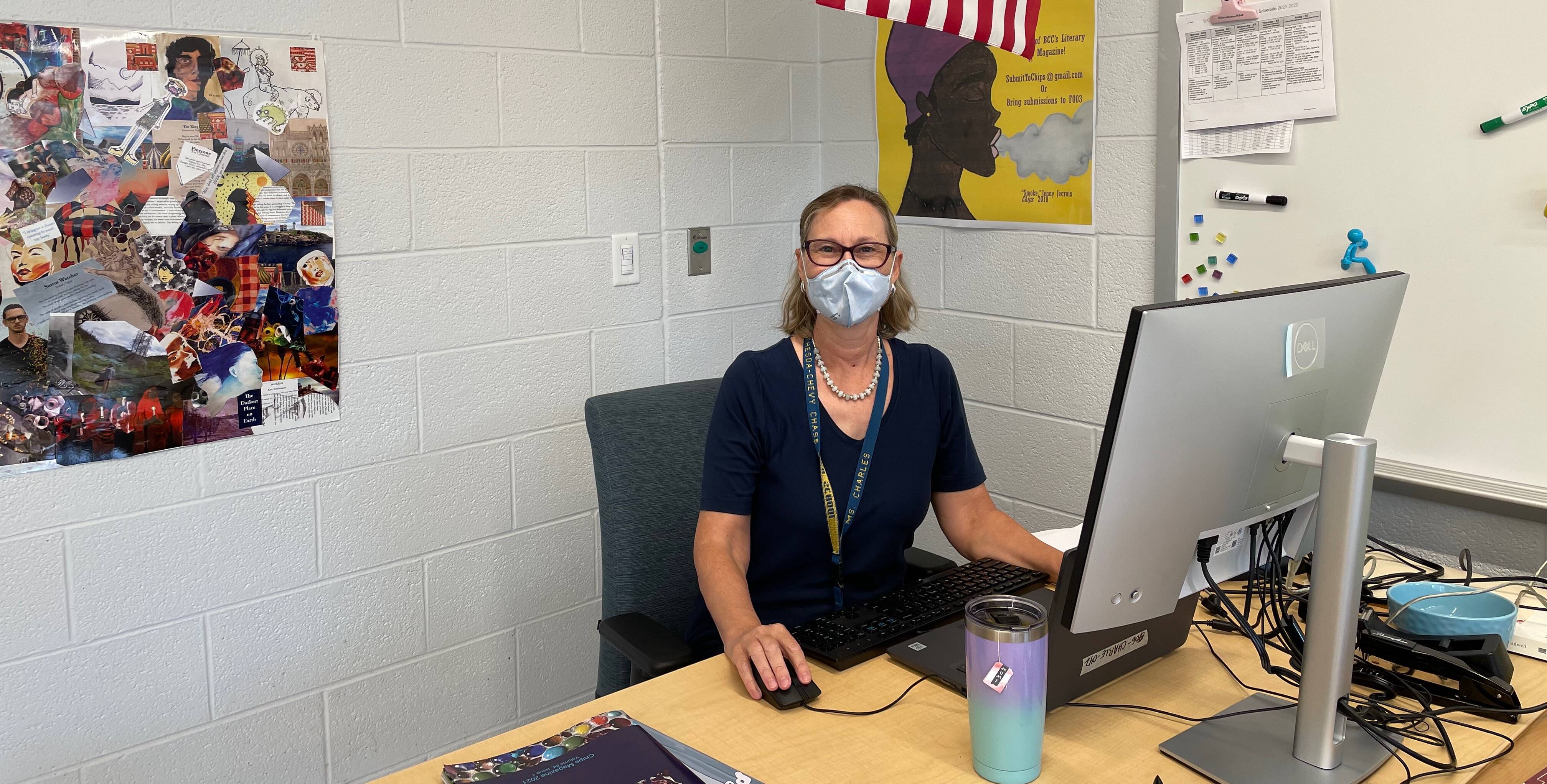 Ms. Charles is masked and ready for her 11th grade English classes to start in Bethesda, Md. (Photo by Ann O'Donoghue)