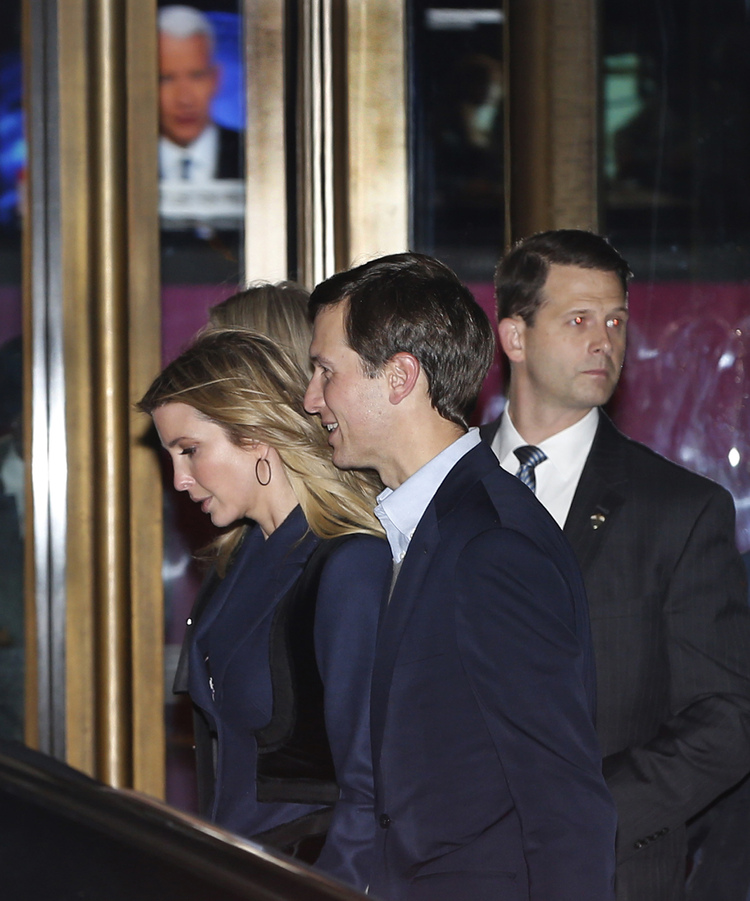 Ivanka Trump and her husband, Jared Kushner, leave dinner at the 21 Club last night. (Kathy Willens/AP)</p>  