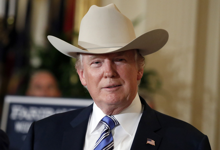 Donald Trump tries on a Stetson hat during a "Made in America" product showcase at the White House yesterday. (Alex Brandon/AP)  