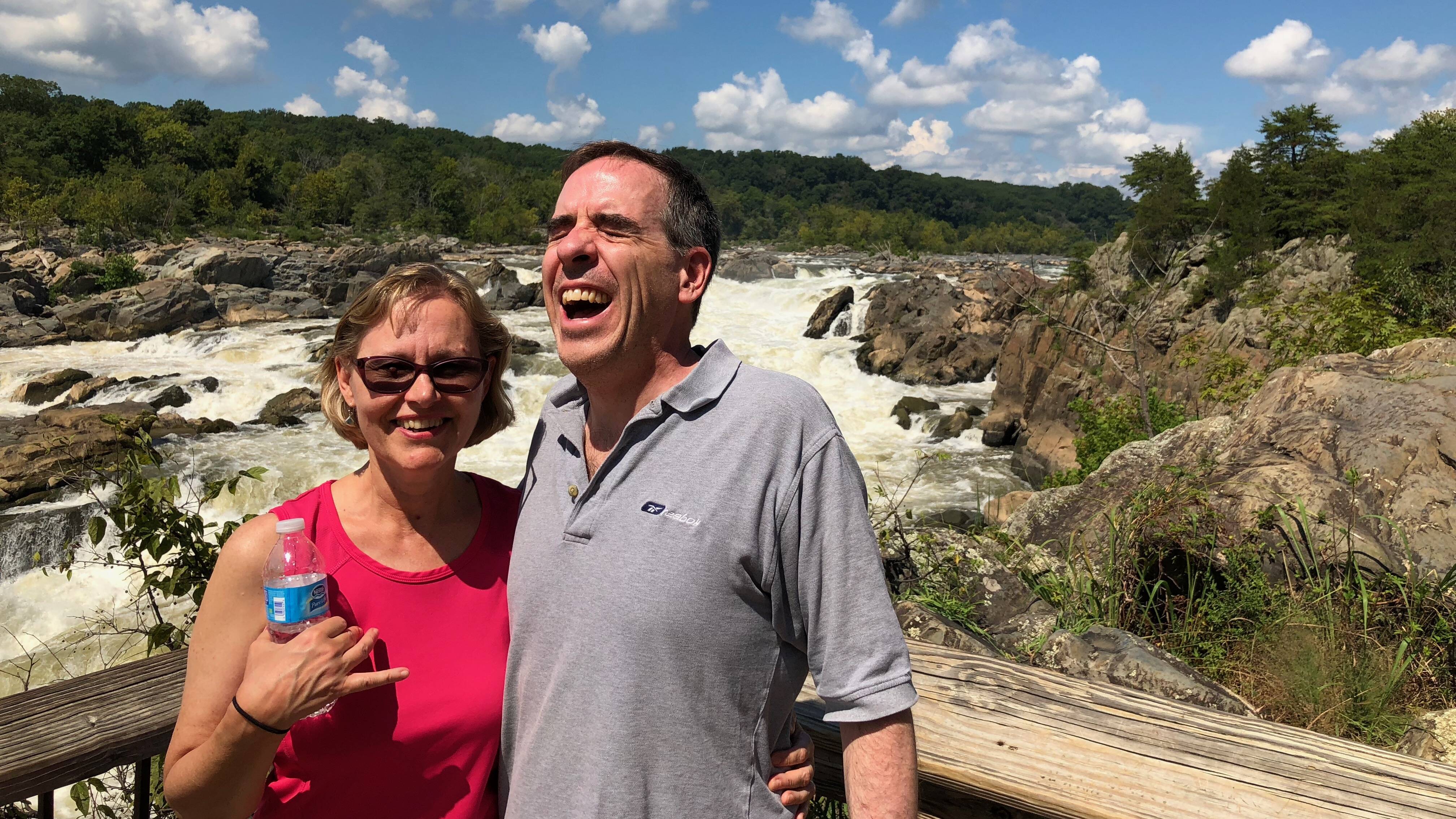 Dawn and Ron Charles at the Great Falls of the Potomac on Sept. 3, 2018. The sun was so bright we couldn't see what was coming. (Ron Charles/The Washington Post)