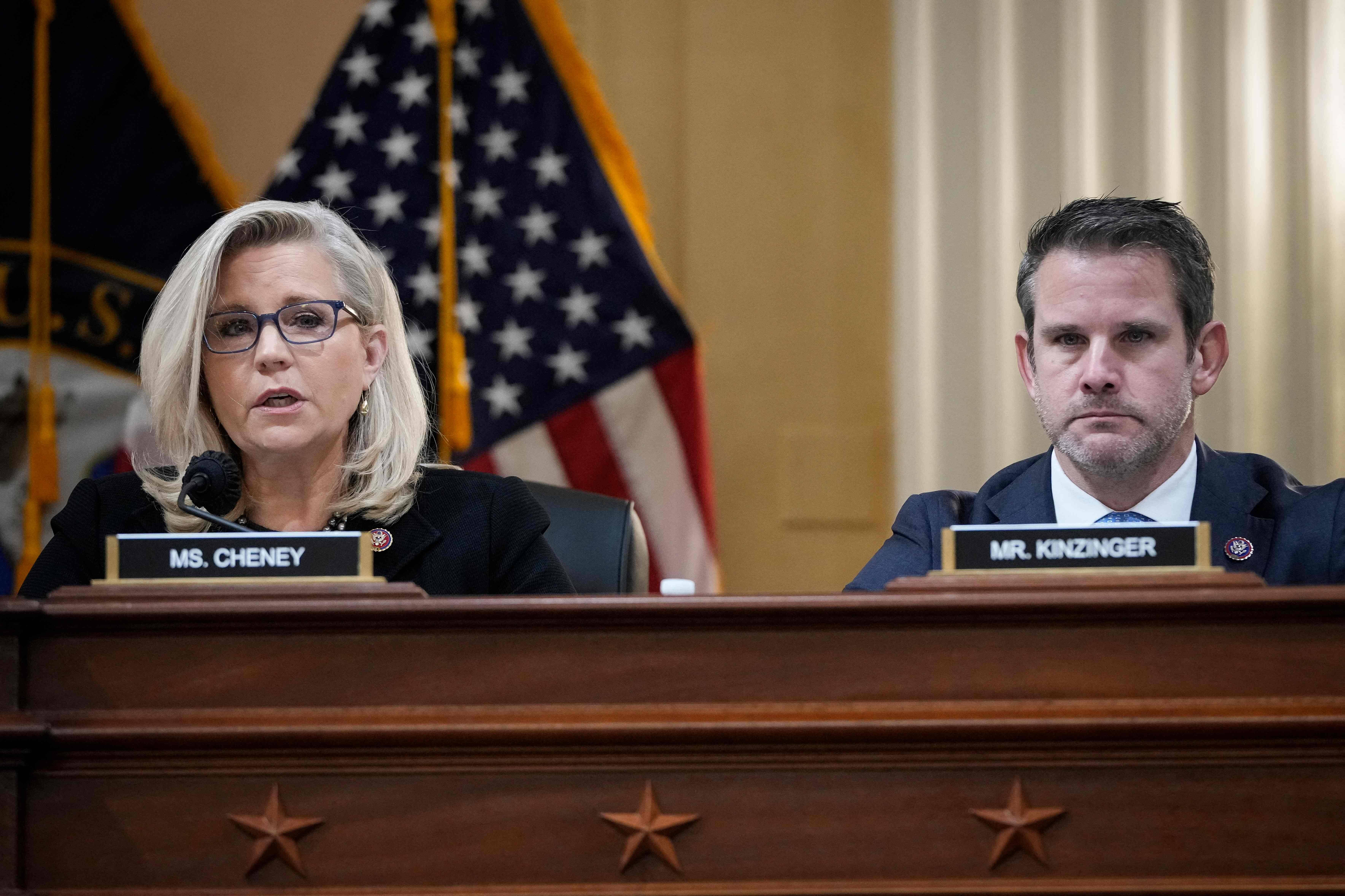 Reps. Liz Cheney (R-Wyo.) and Adam Kinzinger (R-Ill.) in December. (Drew Angerer/Pool/AFP/Getty Images)