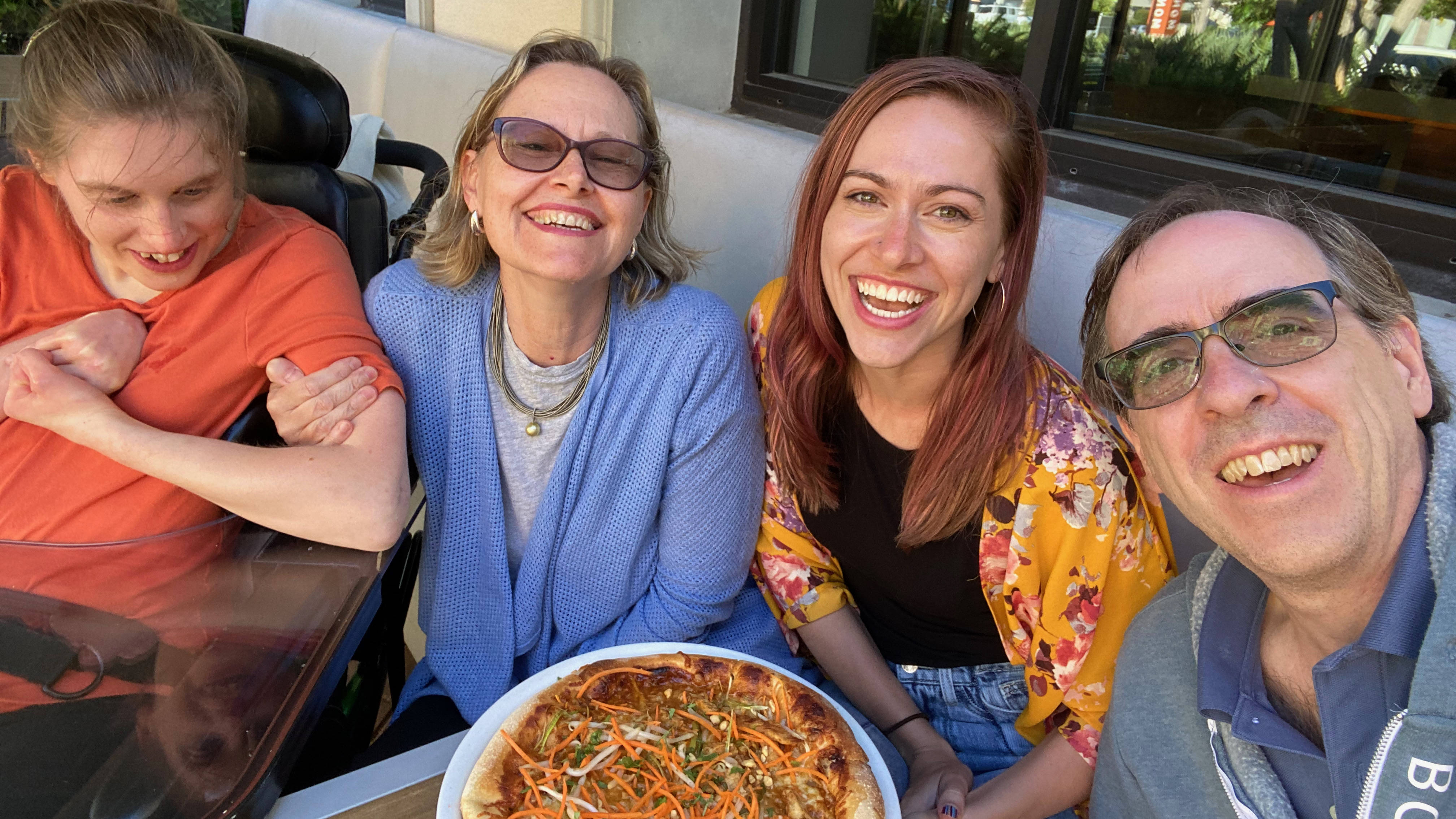 Elissa, Dawn, Madeline and Ron Charles enjoying dinner at California Pizza Kitchen because they're in California. (Ron Charles/The Washington Post)