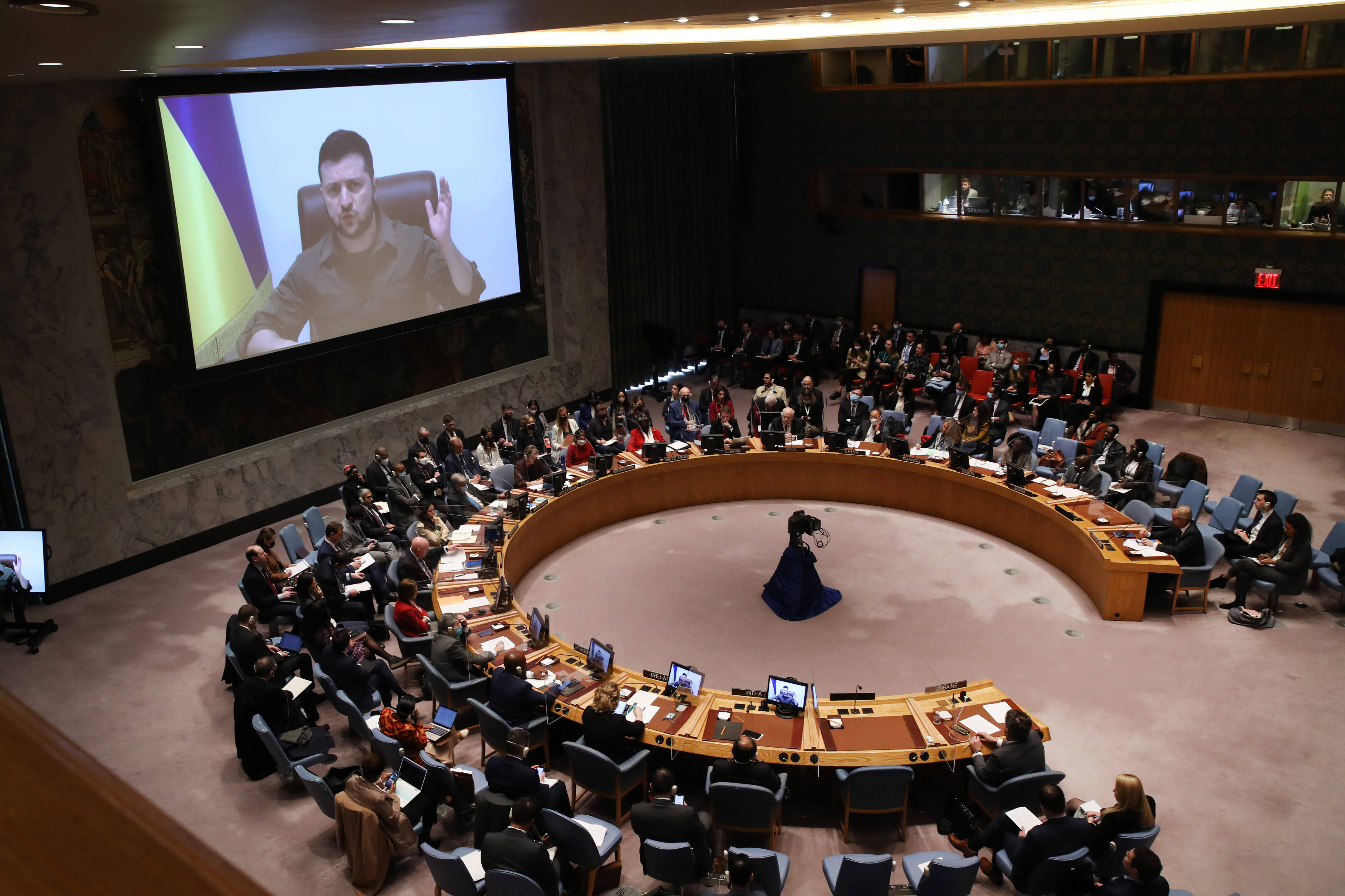 Ukrainian President Volodymyr Zelensky addresses the U.N. Security Council in New York City via video link on April 5. (Spencer Platt/Getty Images)