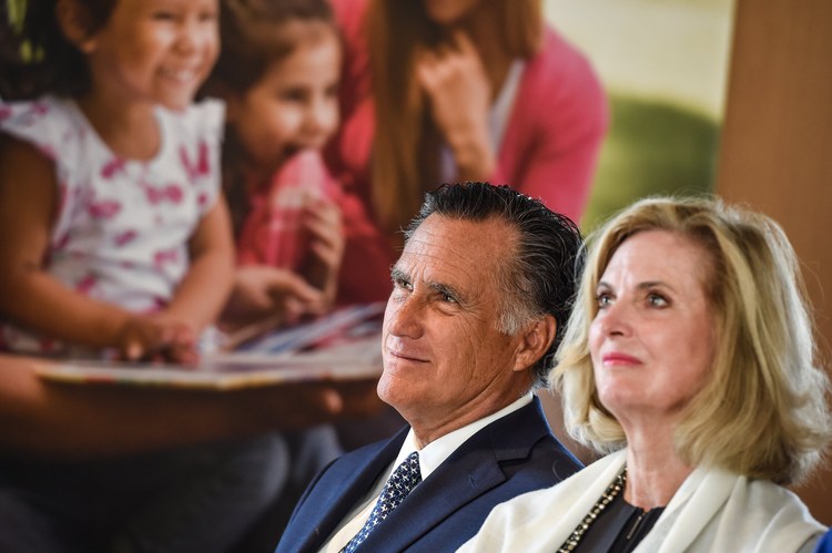 Mitt and Ann Romney attend a presentation of a new Mormon temple in France. (EPA/Christophe Petit Tesson) </p>