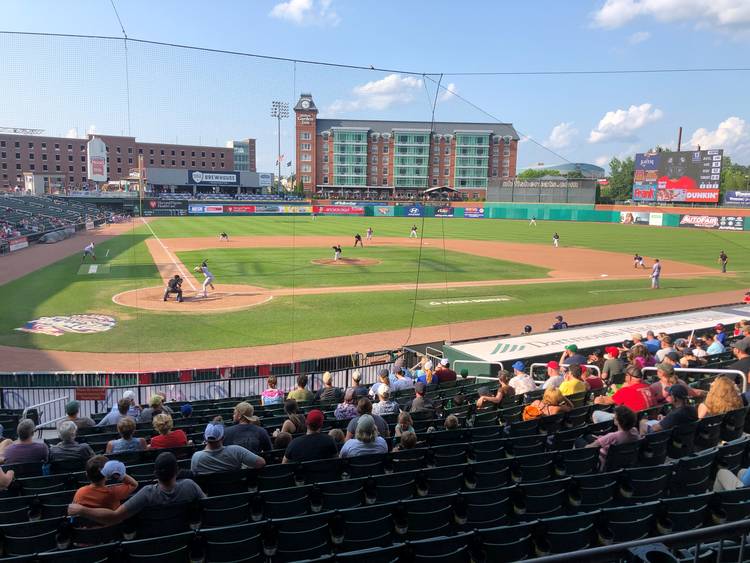 The New Hampshire Fisher Cats, a minor league baseball team, play the Fightin Phils of Reading, Pa., on Saturday at Northeast Delta Dental Stadium in Manchester, N.H. (James Hohmann/The Washington Post)  