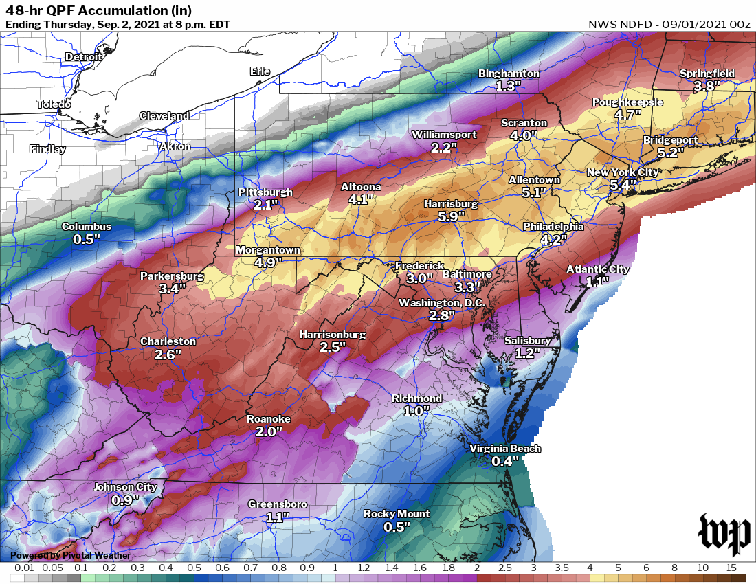 Predicted rainfall through Thursday morning from the National Weather Service.