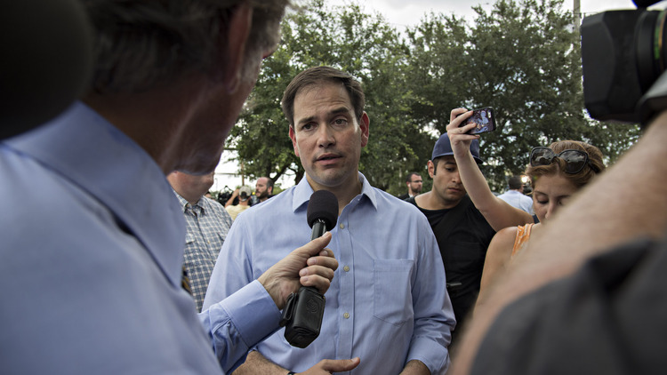 Marco Rubio in Orlando on June 12 after the shooting at the Pulse nightclub. (Photo by Melissa Lyttle/For The Washington Post)</p>
