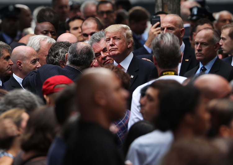 Trump at the 9/11 ceremony in NYC. (Spencer Platt/Getty Images)</p>  