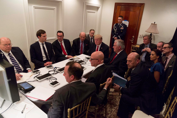 The White House released this image of Trump meeting with his national security team on Thursday night during the strikes on Syria. (Handout)</p>  