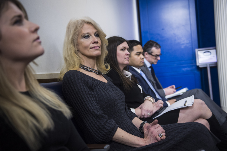 Counselor to the President Kellyanne Conway listens as Sean Spicer speaks during his daily press briefing on March 20. (Jabin Botsford/The Washington Post)</p>  