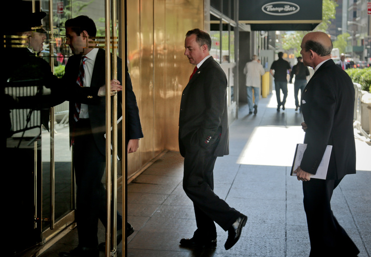 Reince Priebus arrives at Trump Tower on June 9 for a meeting with donors.&nbsp;(AP Photo/Bebeto Matthews)</p>  