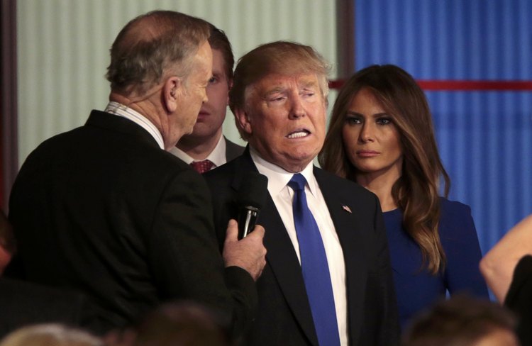 Trump talks with Fox News talk show host Bill O'Reilly&nbsp;after a Republican debate in Detroit last March. (Rebecca Cook/Reuters)</p>  