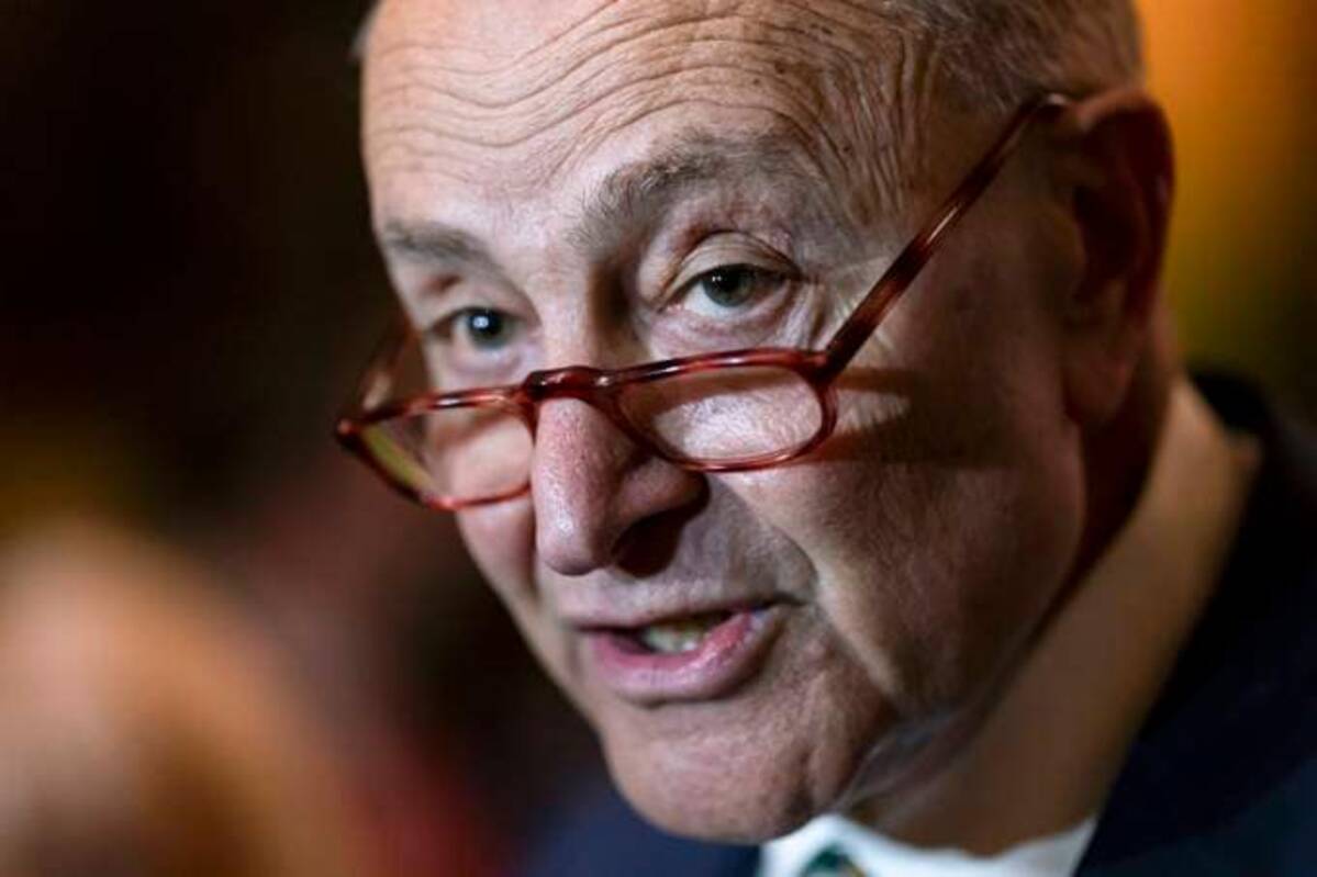 Senate Majority Leader Charles E. Schumer (D-N.Y.) meets with reporters following a Democratic Caucus meeting on Tuesday. (J. Scott Applewhite/AP)