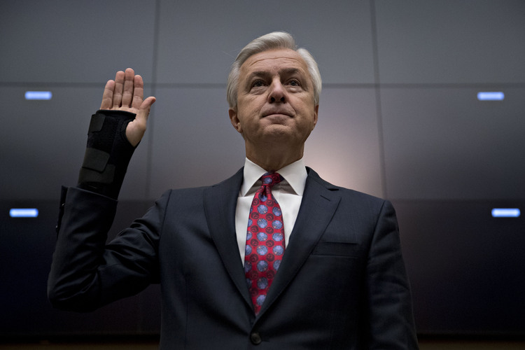 John Stumpf, then CEO of Wells Fargo, testifies before the House Financial Services Committee last September. (Andrew Harrer/Bloomberg)</p>