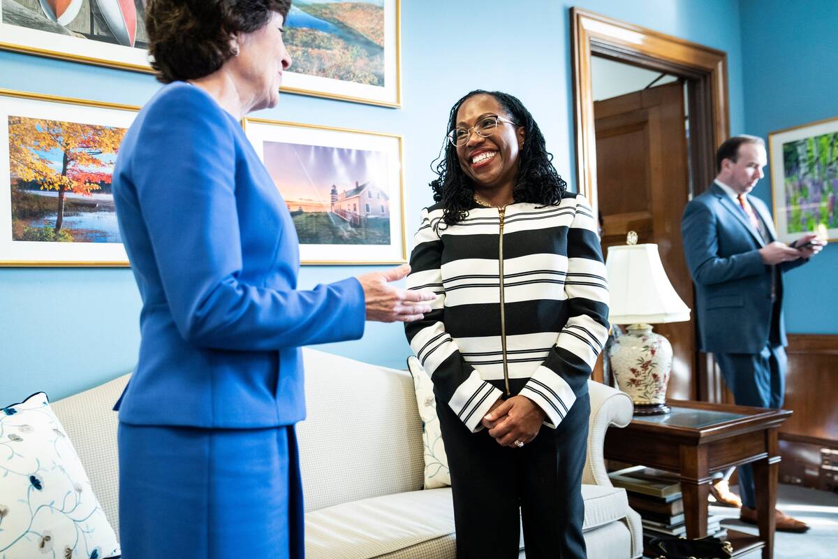 Sen. Susan Collins (R-Maine) meets with Supreme Court nominee Ketanji Brown Jackson on Tues., March 8. (Jabin Botsford/The Washington Post)