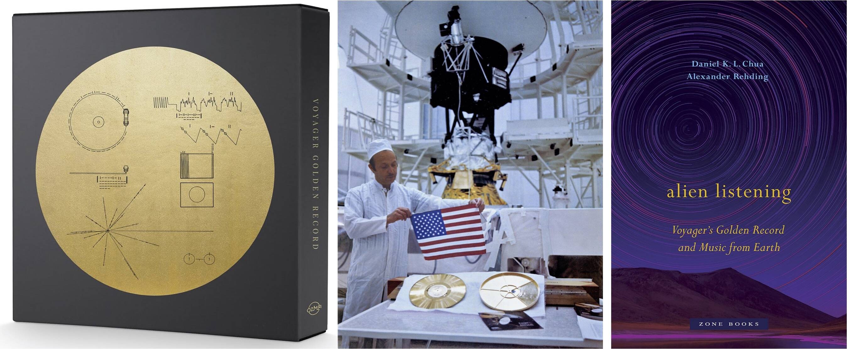 Ozma Records; John Casani, Voyager project manager, holds a U.S. flag that was folded into the thermal blanket of the spacecraft before they were launched. Below him lies the Golden Record. In the background stands Voyager 2 in Cape Canaveral, Fla., Aug. 4, 1977. (Photo credit NASA/JPL-Caltech); Zone Books