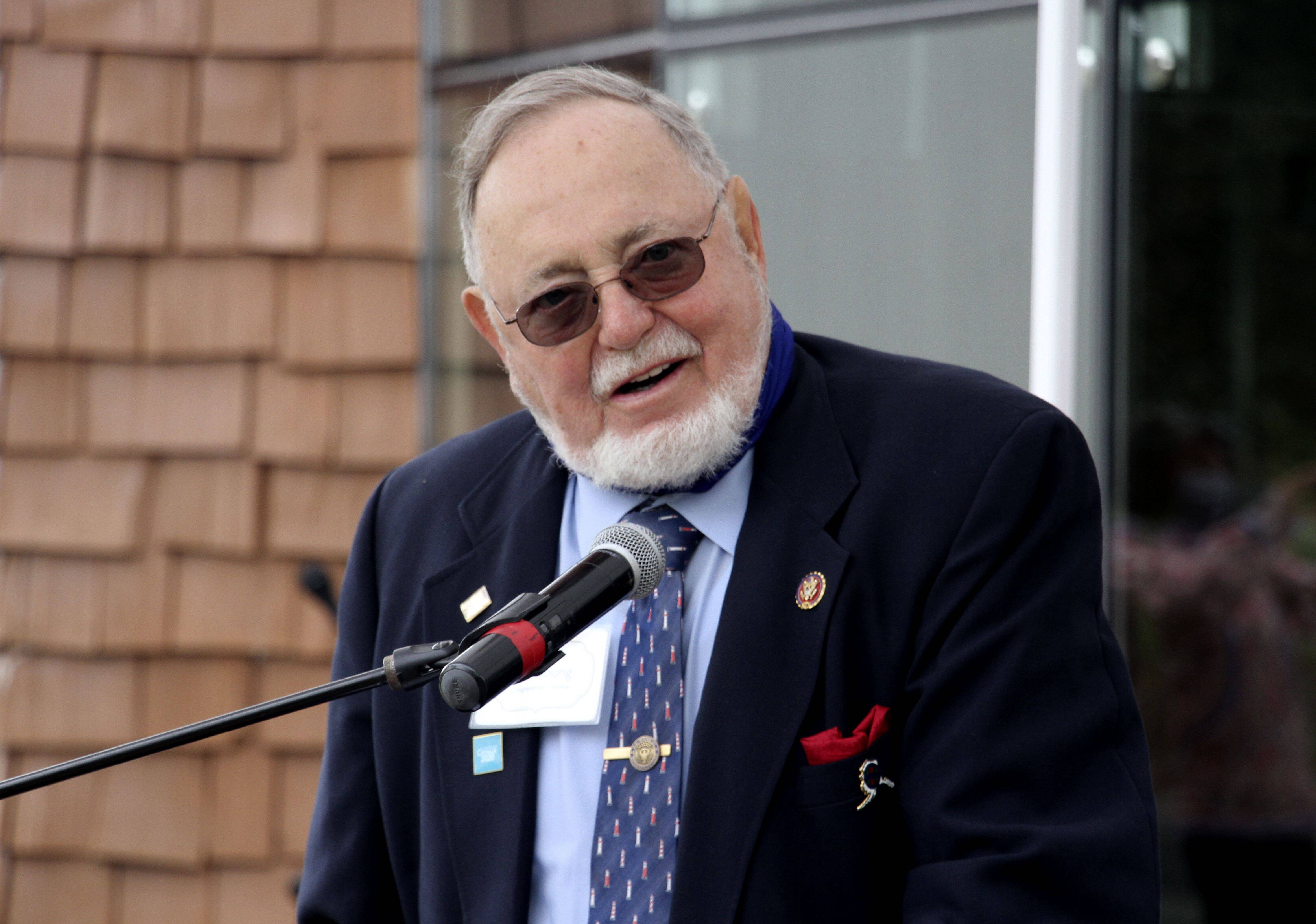Rep. Don Young, an Alaska Republican, speaks during a ceremony in Anchorage in August 2020. &nbsp;(Mark Thiessen/AP)