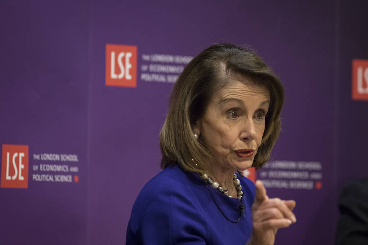 Nancy Pelosi addresses the London School of Economics in London last week. (Jason Alden/Bloomberg)  