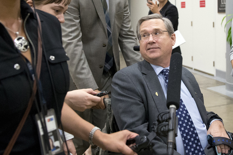 Sen. Mark Kirk, R-Ill., listens to a reporter's question on Capitol Hill.&nbsp;(AP Photo/Alex Brandon)</p>  