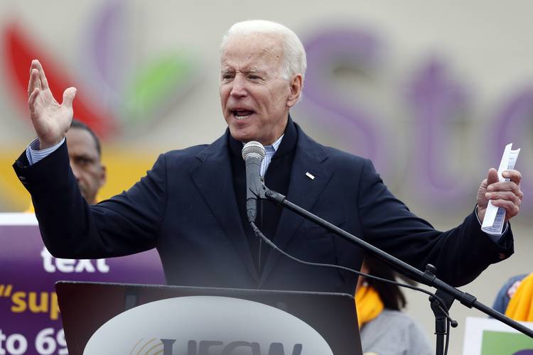 Former vice president Joe Biden speaks at a rally in support of striking Stop & Shop workers in Boston. (Michael Dwyer/AP)  