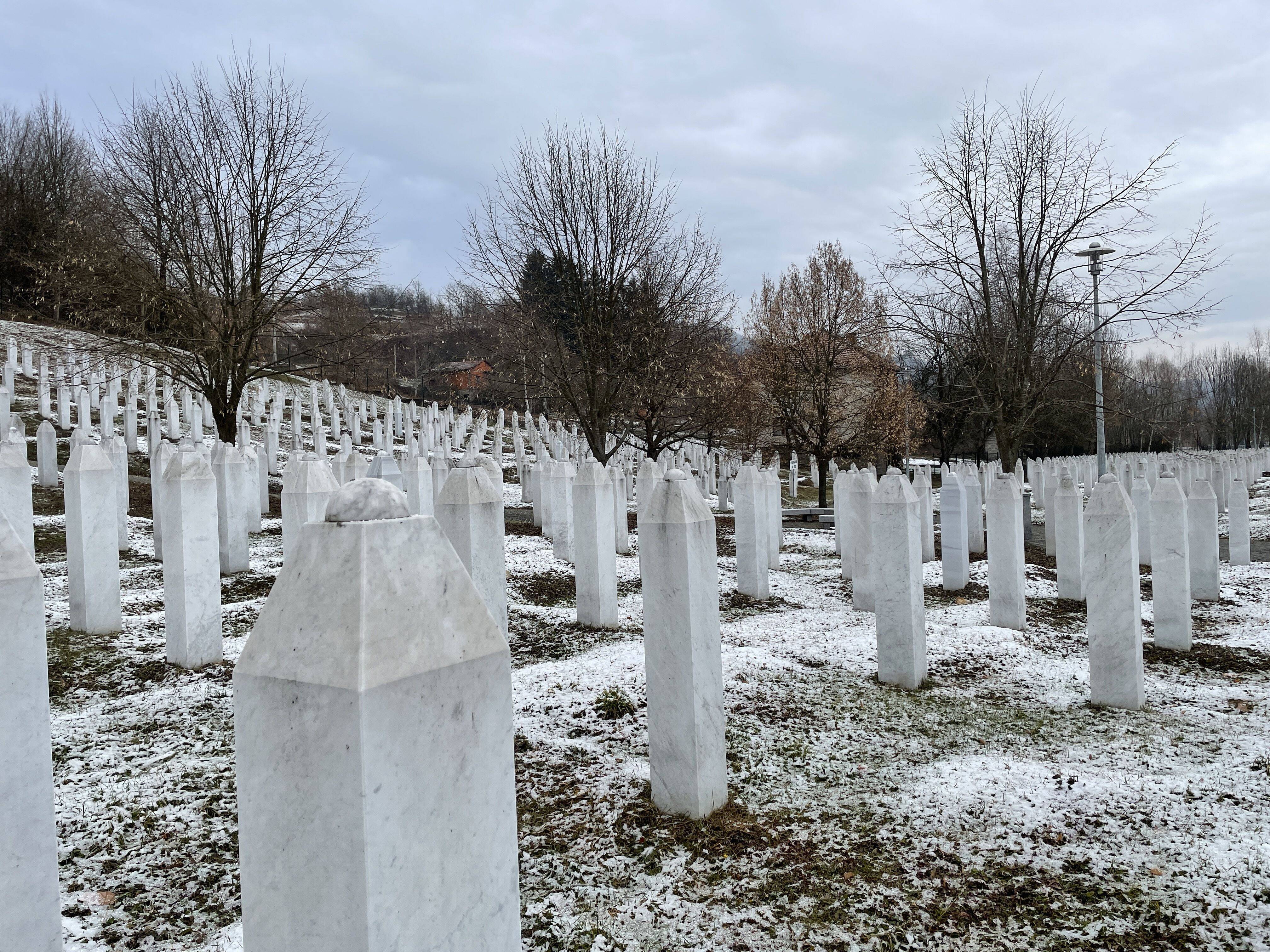 A cemetery in Srebrenica for genocide victims in Bosnia and Herzegovina, on Feb. 8, 2022. (Chico Harlan/The Washington Post)