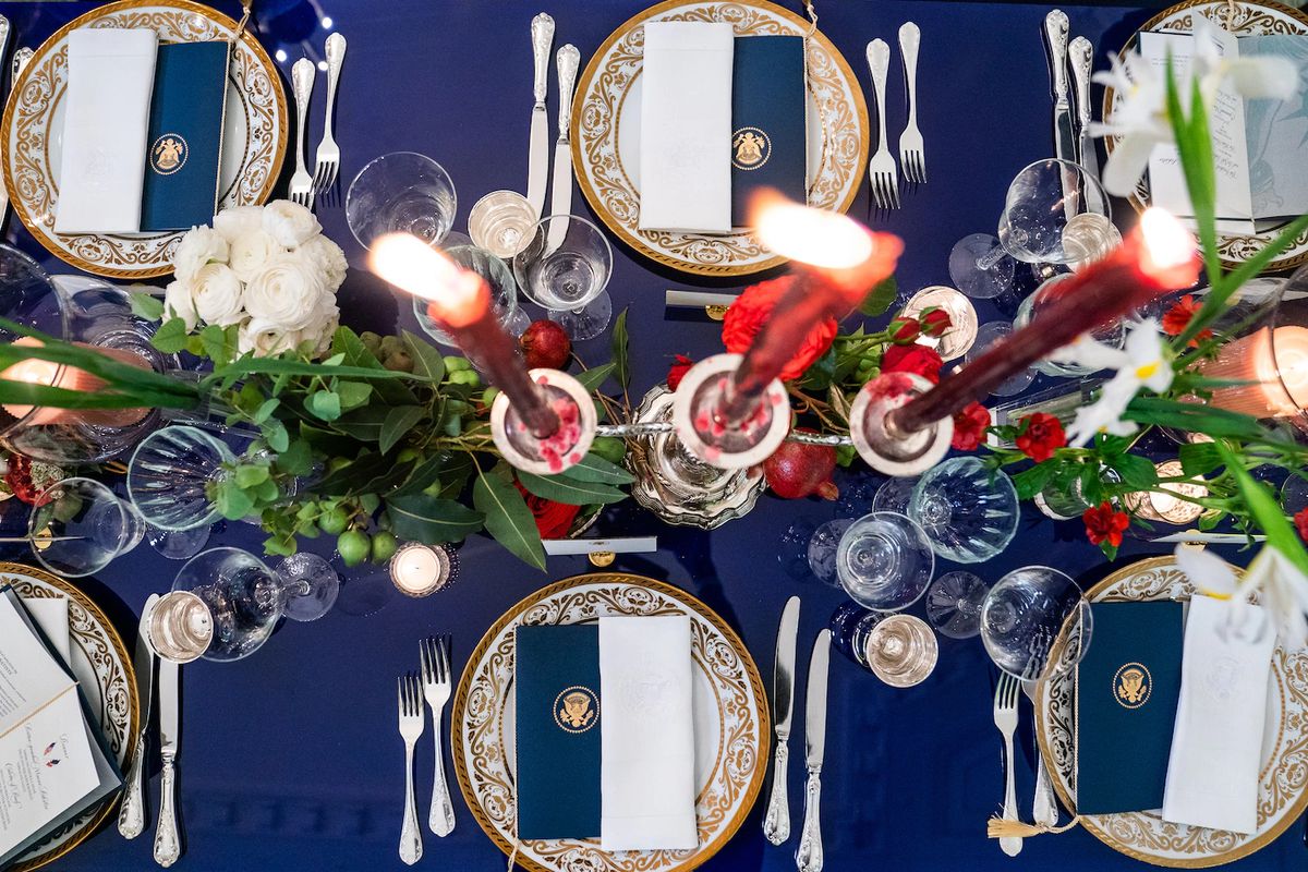 A preview of the table arrangement and decorations for the state dinner for French President Emmanuel Macron and his wife, Brigitte Macron, at the White House. (Demetrius Freeman/The Washington Post)