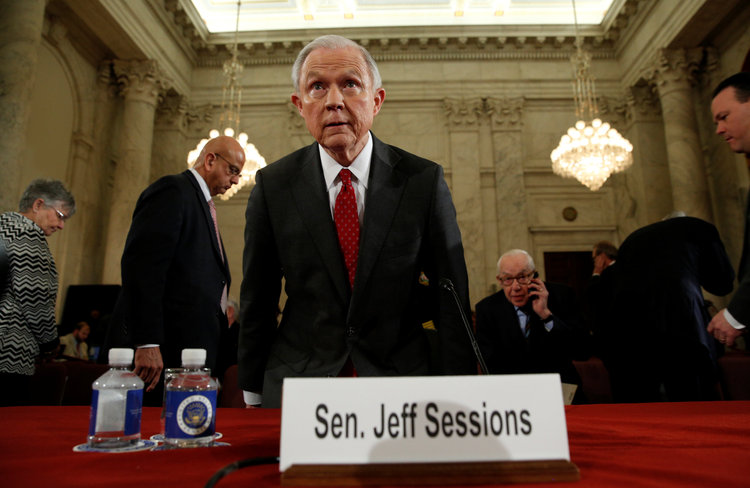 Jeff Sessions resumes his testimony before the Senate Judiciary Committee after a bathroom break. (Kevin Lamarque/Reuters)</p>  