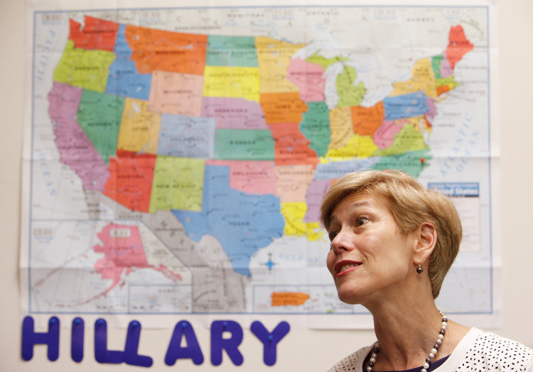 Deborah Ross speaks to volunteers at a field office in Greenville on Friday. (Jonathan Drake/Reuters)</p>  