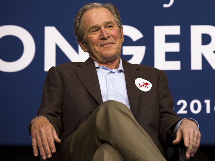 George W. Bush campaigns for Jeb in February in South Carolina. (Alex Holt for The Washington Post)</p>  