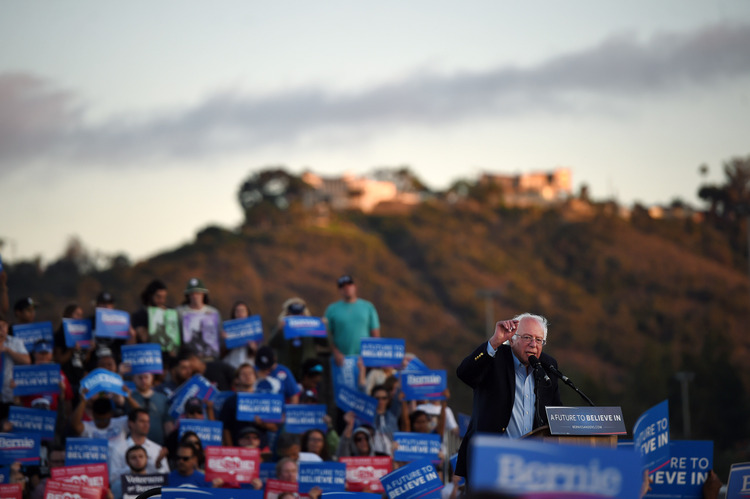 Bernie speaks outside Qualcomm Stadium last night. (Photo by Matt McClain/ The Washington Post)</p>  