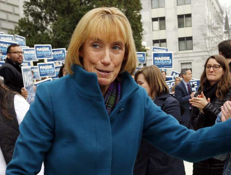 Sen.-elect Maggie Hassan, currently the Democratic governor of New Hampshire, thanks supporters in Concord outside the Statehouse. (Jim Cole/AP)</p>  