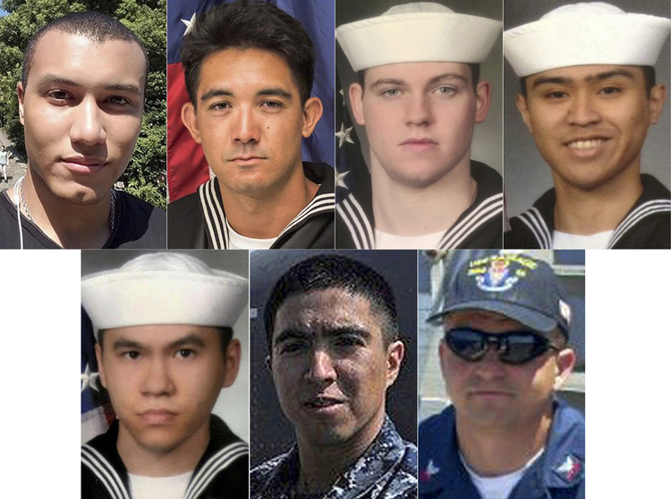 This combination of photos shows the seven U.S. sailors who died on the USS Fitzgerald. (U.S. Navy via AP)</p>  