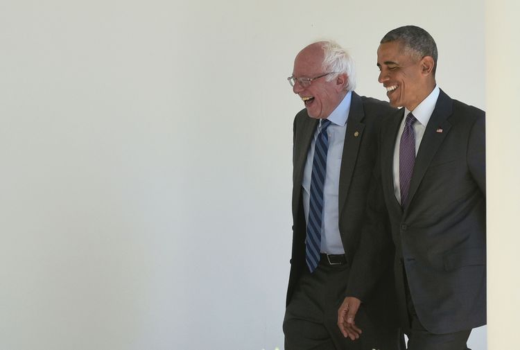 Obama Sanders through the Colonnade for a meeting in the Oval Office yesterday. (Mandel Ngan/AFP/Getty Images</p>  