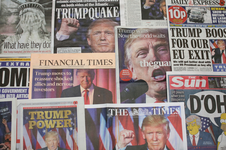 British newspapers show Trump on their front pages the day after his victory. (Dan Kitwood/Getty)</p>  
