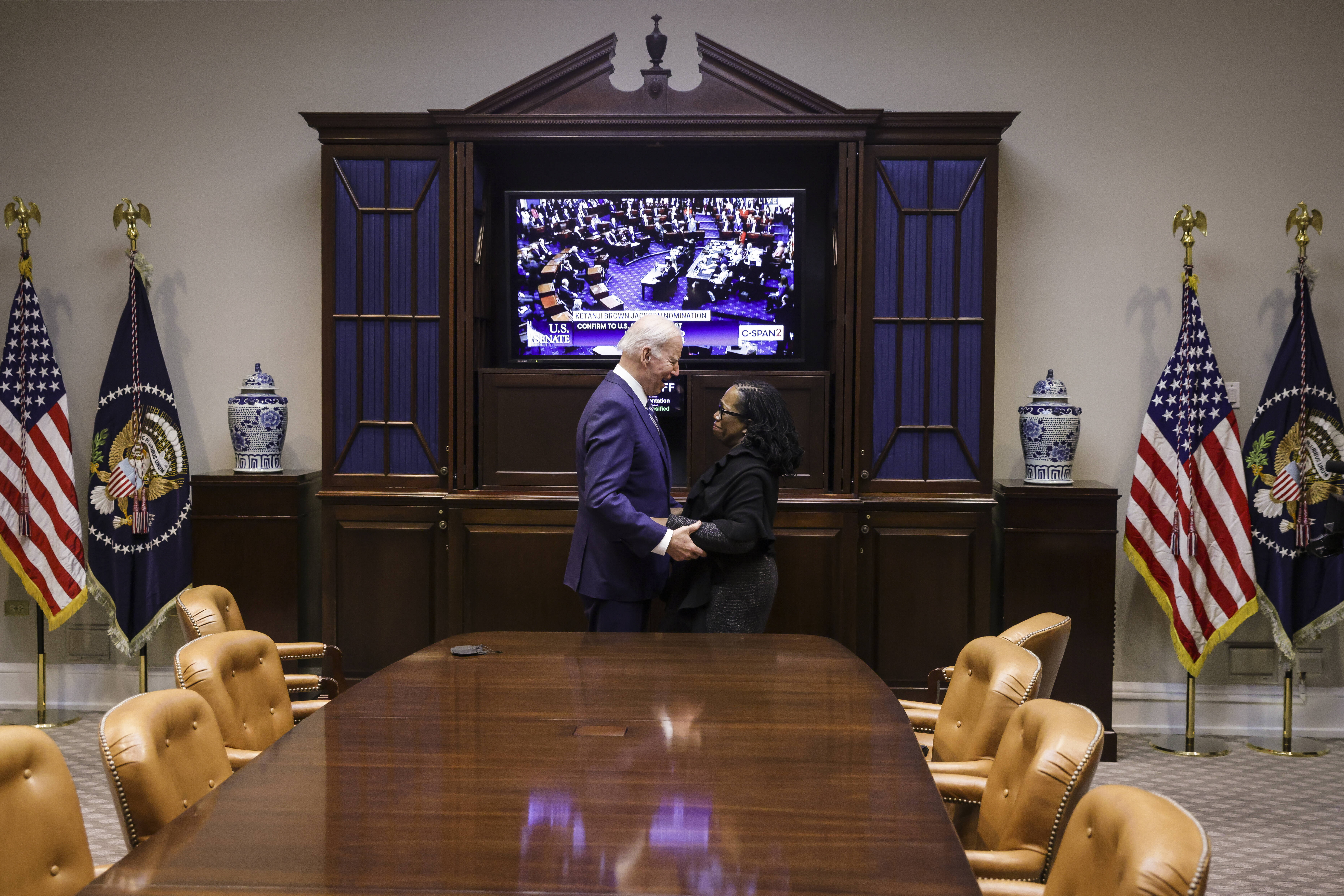 President Biden congratulates Ketanji Brown Jackson on Thursday, moments after the Senate confirmed her. (Oliver Contreras for The Washington Post/for The Washington Post)