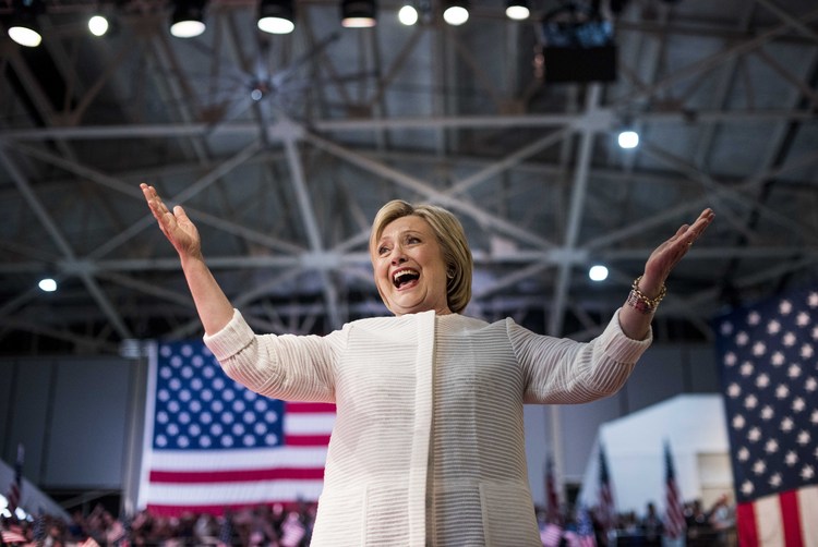 Clinton greets supporters at her election night party in Brooklyn.&nbsp;(Photo by Melina Mara/The Washington Post)</p>  