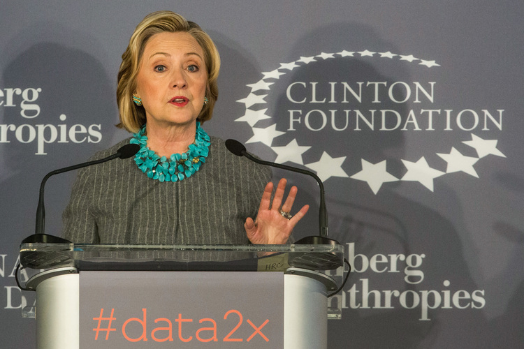 Hillary Clinton speaks at a press conference announcing a new initiative between the Clinton Foundation and other groups in Dec. 2014. (Andrew Burton/Getty Images)</p>