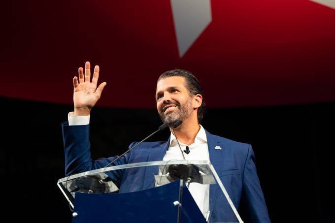 &nbsp;Donald Trump Jr. waves after speaking during the Conservative Political Action Conference CPAC in July 2021 in Dallas. (Photo by Brandon Bell/Getty Images)
