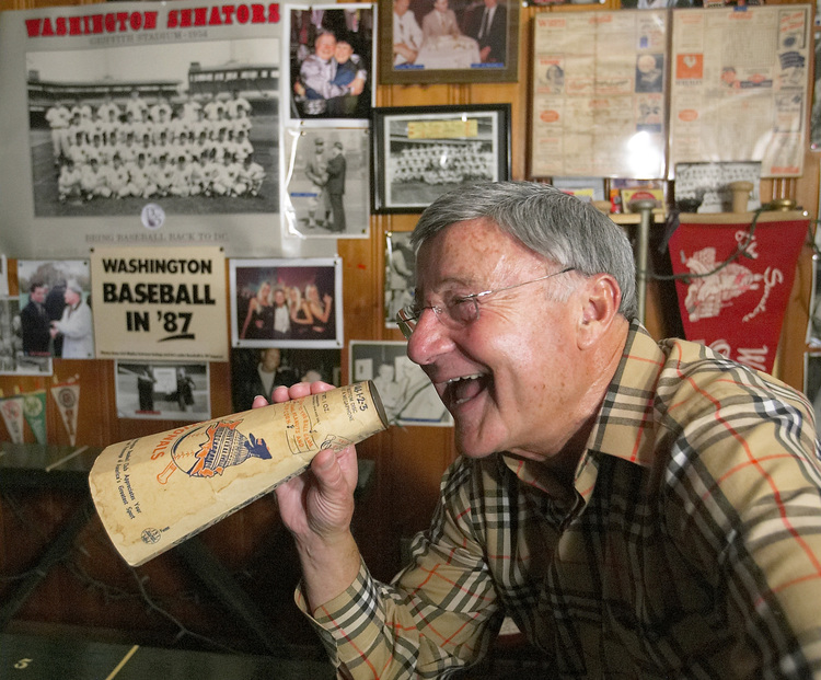 Charlie Brotman reenacts some of his days as a former Senators announcer. (Len Spoden/The Washington Post)</p>  