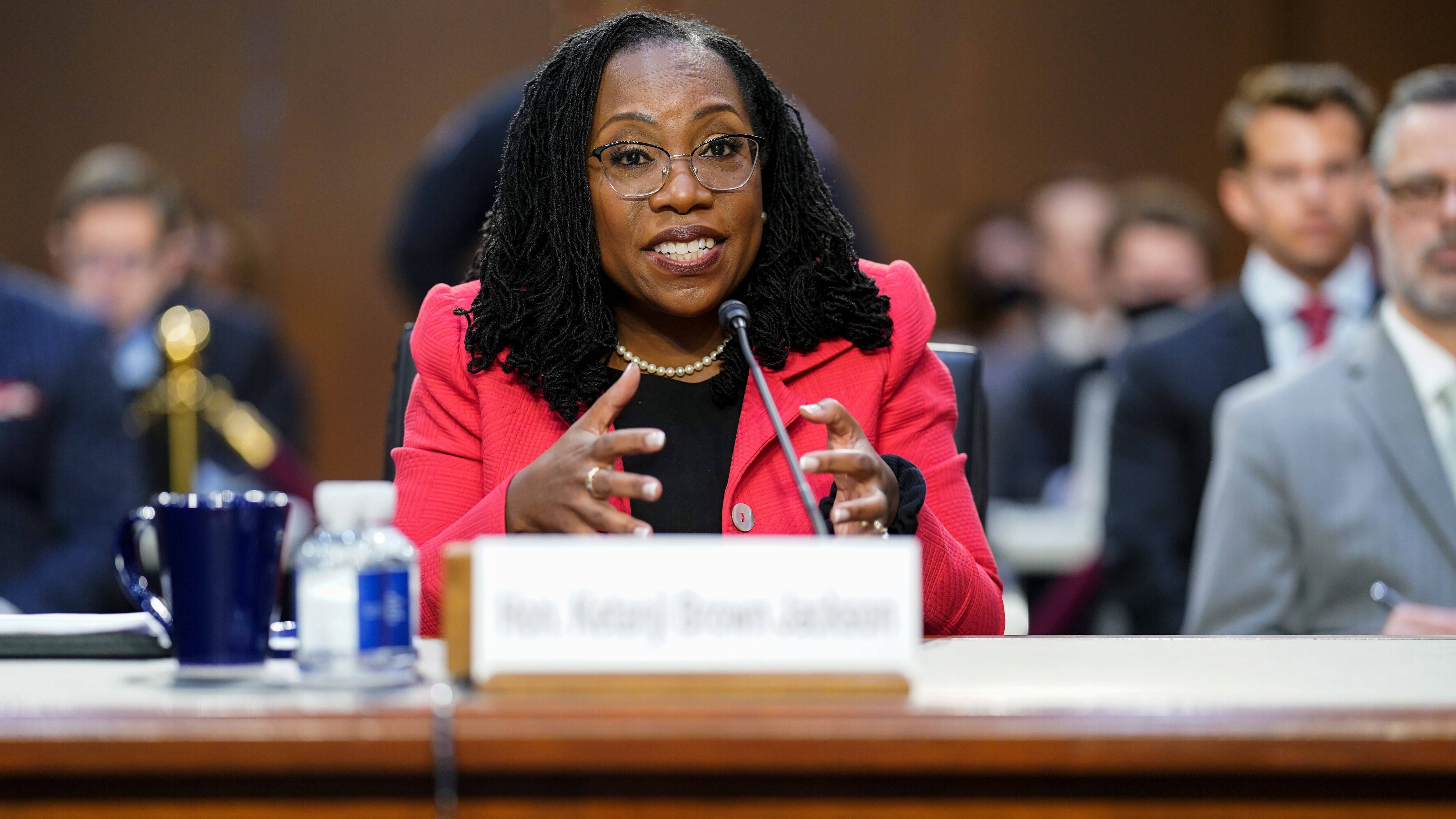 Supreme Court nominee Judge Ketanji Brown Jackson testifies on the second day of her confirmation hearing &nbsp;on Tuesday in D.C. (Jabin Botsford/The Washington Post)