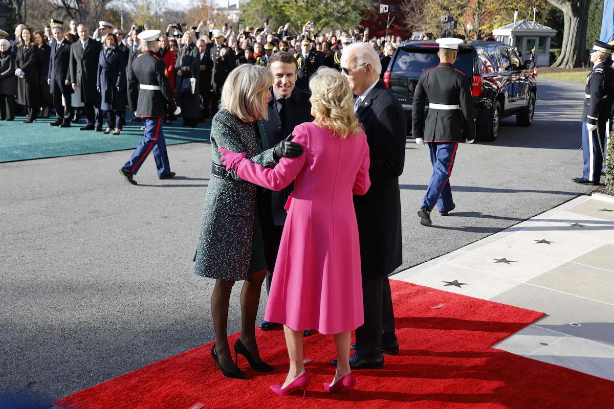 President Biden and first lady Jill Biden welcome French President Emmanuel Macron and his wife Brigitte Macron to the White House in Washington on Thursday. (Ludovic Marin/AFP/Getty Images)