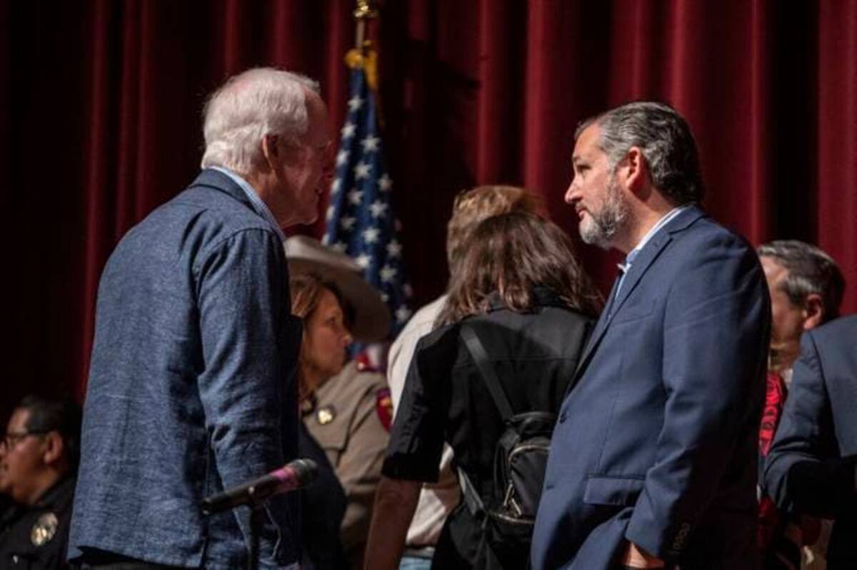 UVALDE, TX-MAY 25: Texas GOP Sens. John Cornyn and Ted Cruz arrive at a news conference at Uvalde High School on May 25 in Uvalde, Texas. The two senators are divided on how Congress should respond to the shooting. (Sergio Flores for The Washington Post)
