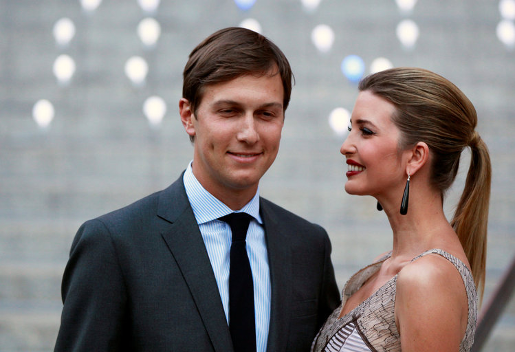 Jared Kushner and Ivanka Trump arrive at a Vanity Fair party at the Tribeca Film Festival. (Reuters/Lucas Jackson)</p>  