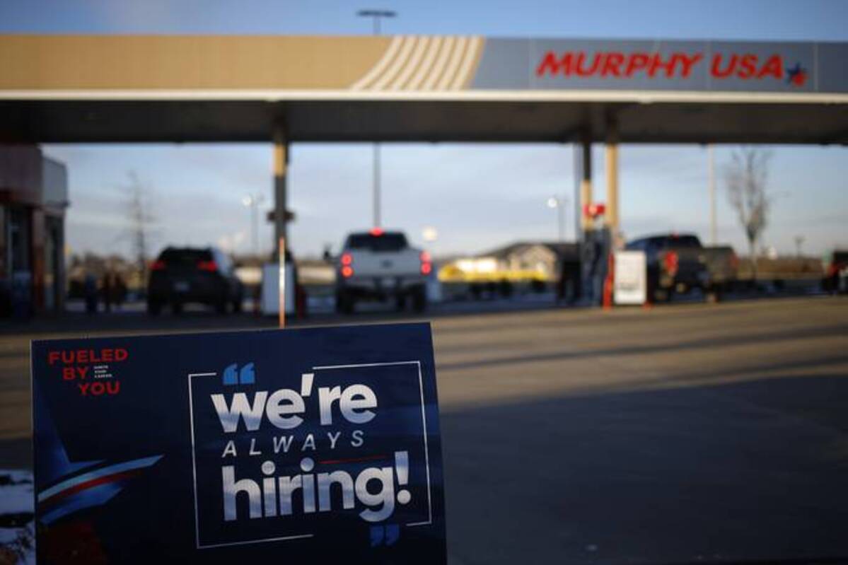 A hiring sign outside a Murphy USA gas station in La Grange, Ky. (Luke Sharrett/Bloomberg News)