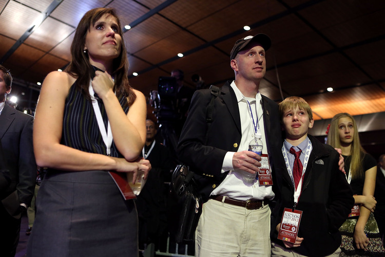 Nancy and David French&nbsp;react to the news that Mitt Romney has lost the presidency in Nov. 2012.&nbsp;(Photo by Alex Wong/Getty Images)</p>  