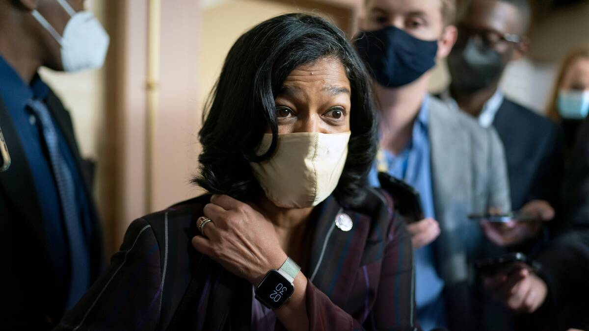 Rep. Pramila Jayapal (D-Wash.), chair of the Congressional Progressive Caucus, speaks with reporters last year. (J. Scott Applewhite/AP)